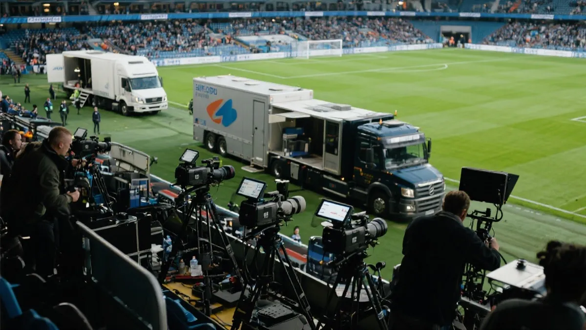 转播制作车与多机位拍摄的体育赛事现场，象征世界杯转播权与内容分发竞争