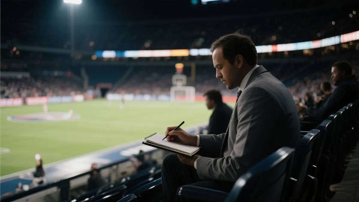 球探在看台记录年轻球员表现，象征转会市场与世界杯新秀关注